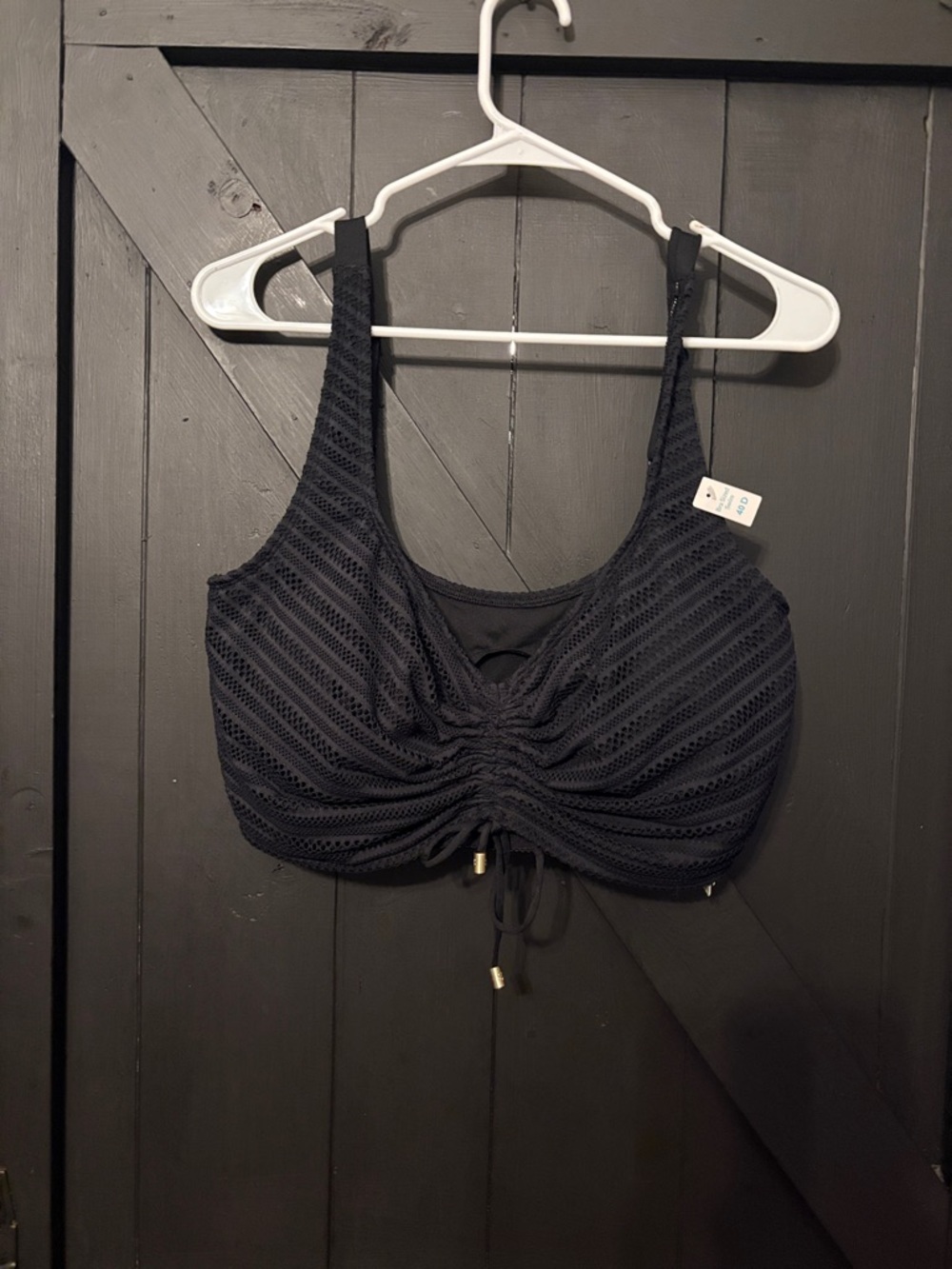 Coco Reef Black Lace-Effect Ruched Swim Top with Gold Accents